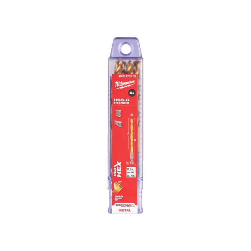 Свердло по металу Milwaukee RedHEX HSS-G TiN, Ø7 мм (5шт) (4932478182)