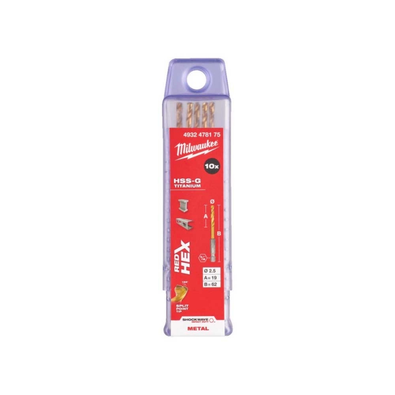 Свердло по металу Milwaukee RedHEX HSS-G TiN, Ø2.5 мм (10шт) (4932478175)