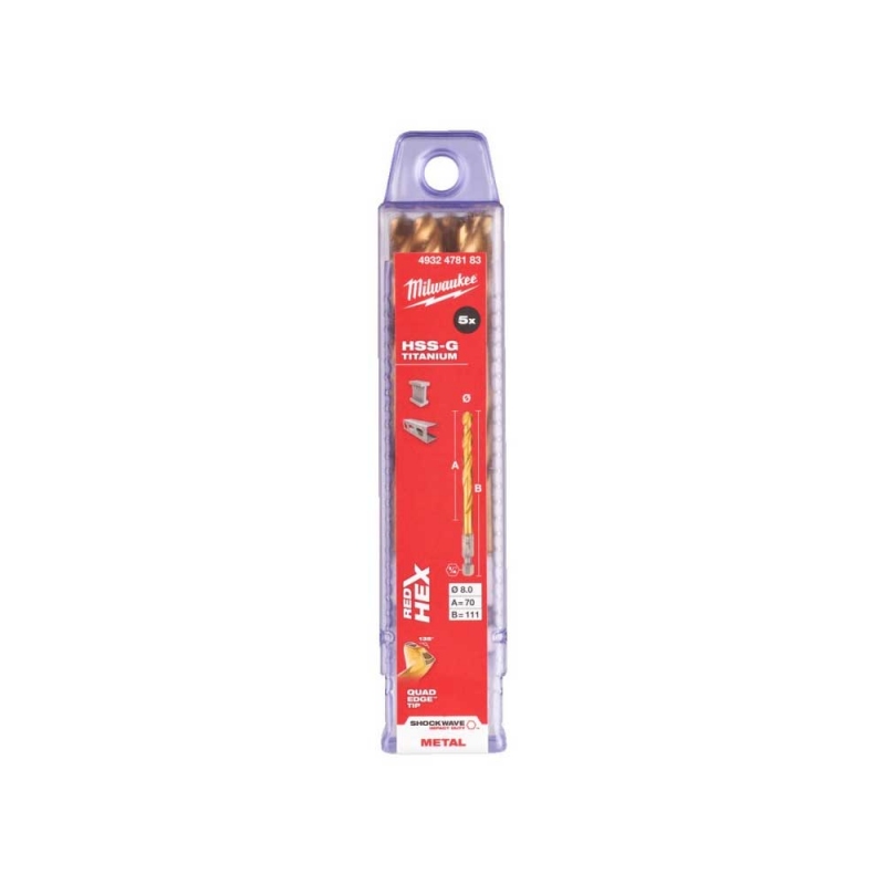 Свердло по металу Milwaukee RedHEX HSS-G TiN, Ø8 мм (5шт) (4932478183)