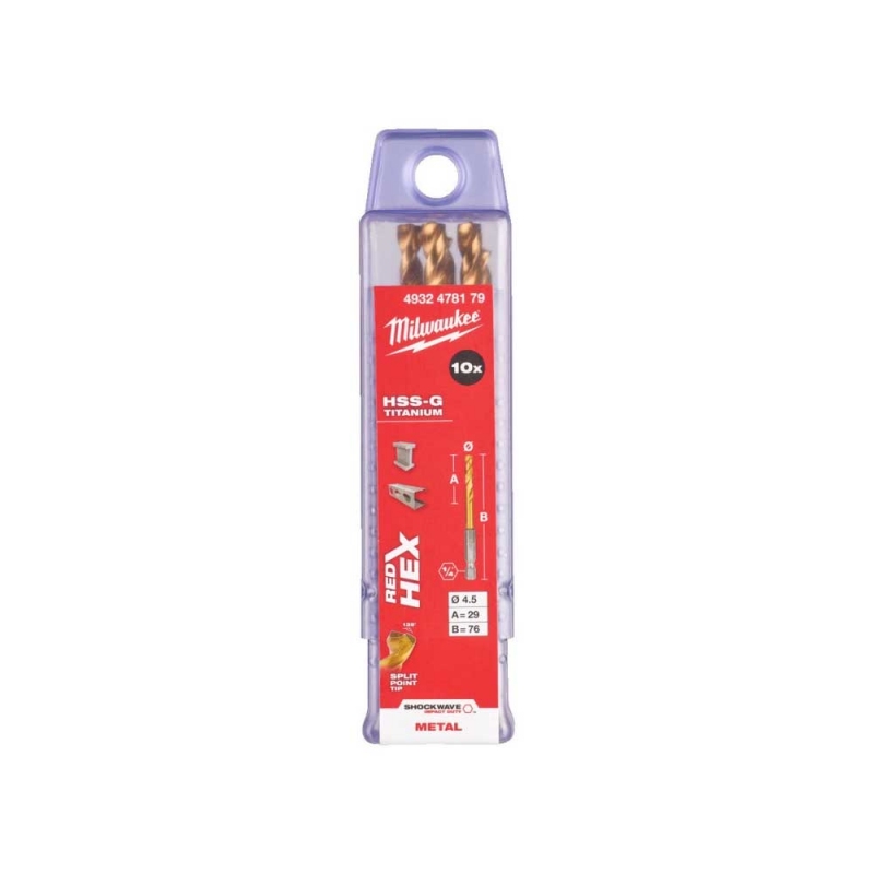 Свердло по металу Milwaukee RedHEX HSS-G TiN, Ø4.5 мм (10шт) (4932478179)