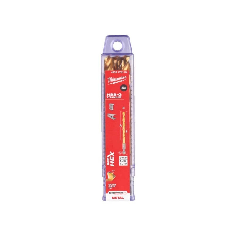 Свердло по металу Milwaukee RedHEX HSS-G TiN, Ø10 мм (5шт) (4932478184)