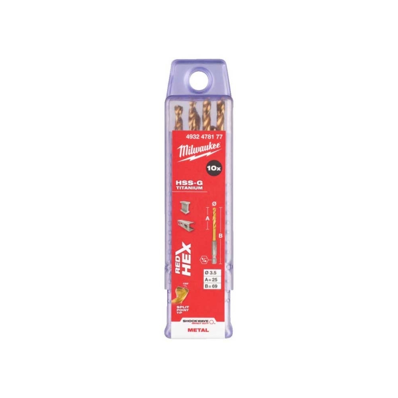 Свердло по металу Milwaukee RedHEX HSS-G TiN, Ø3.5 мм (10шт) (4932478177)