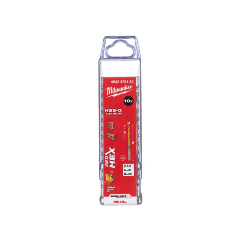 Свердло по металу Milwaukee RedHEX HSS-G TiN, Ø5 мм (10шт) (4932478180)