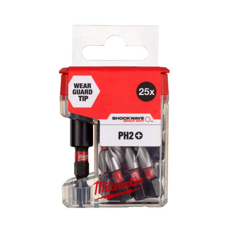 Біта Milwaukee Shockwave PH2 x 25 мм - 25 шт + магнітний тримач для біт (4932479856)