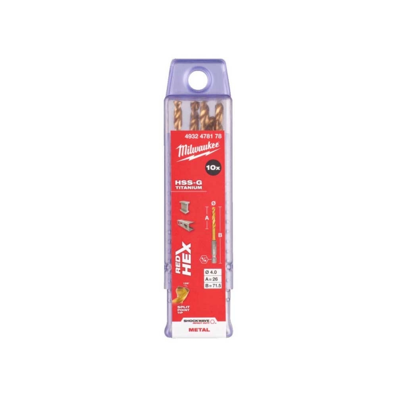 Свердло по металу Milwaukee RedHEX HSS-G TiN, Ø4 мм (10шт) (4932478178)